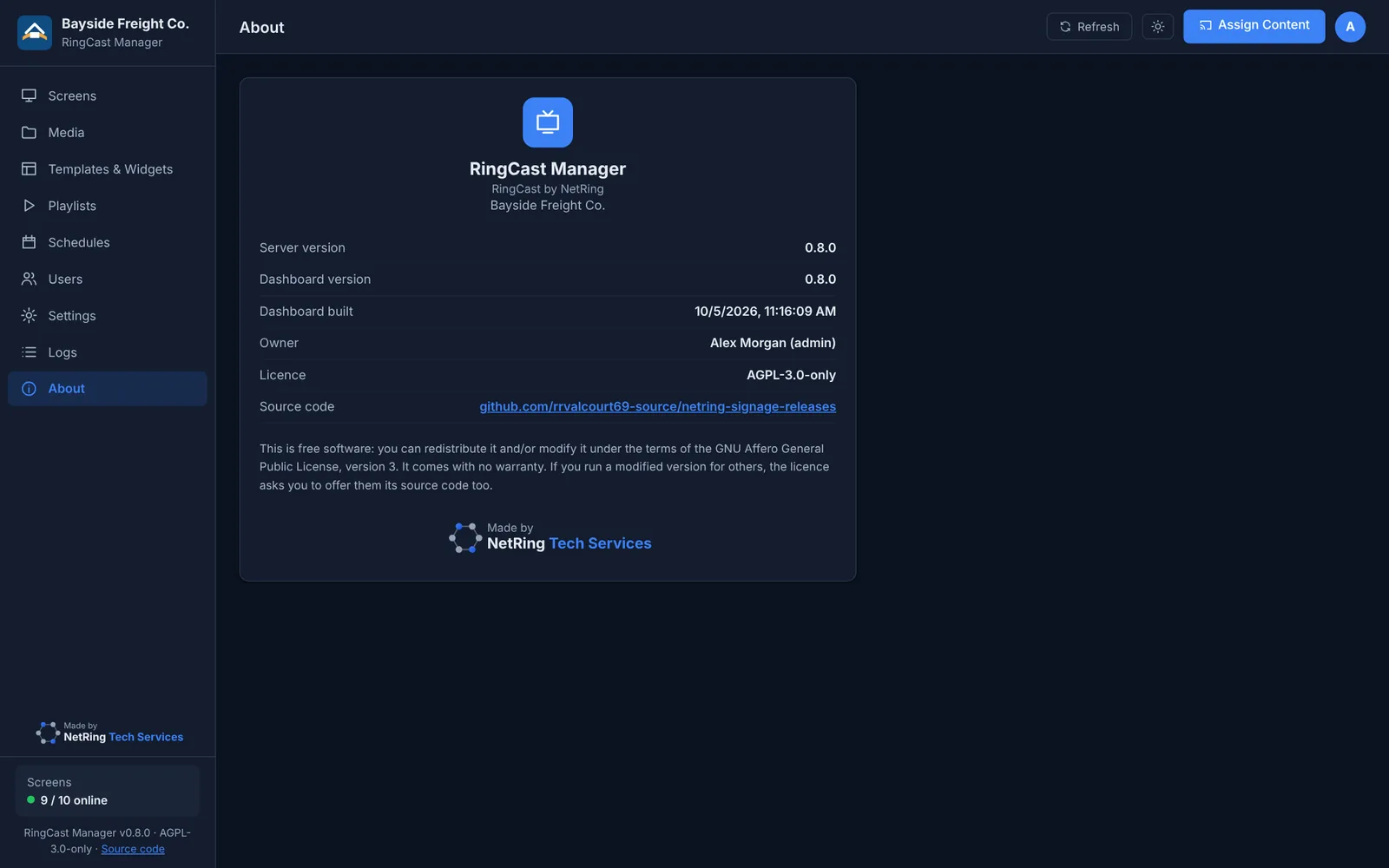 About page with version, owner, licence and source link