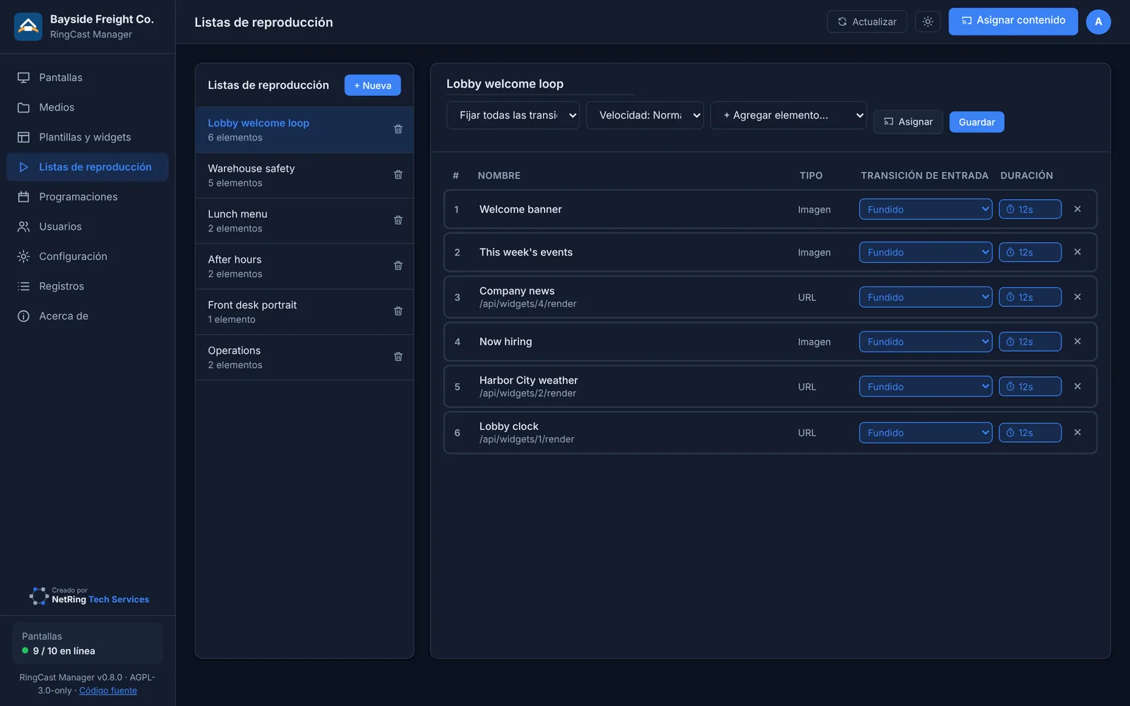 Editor de listas de reproducción con transiciones y duraciones