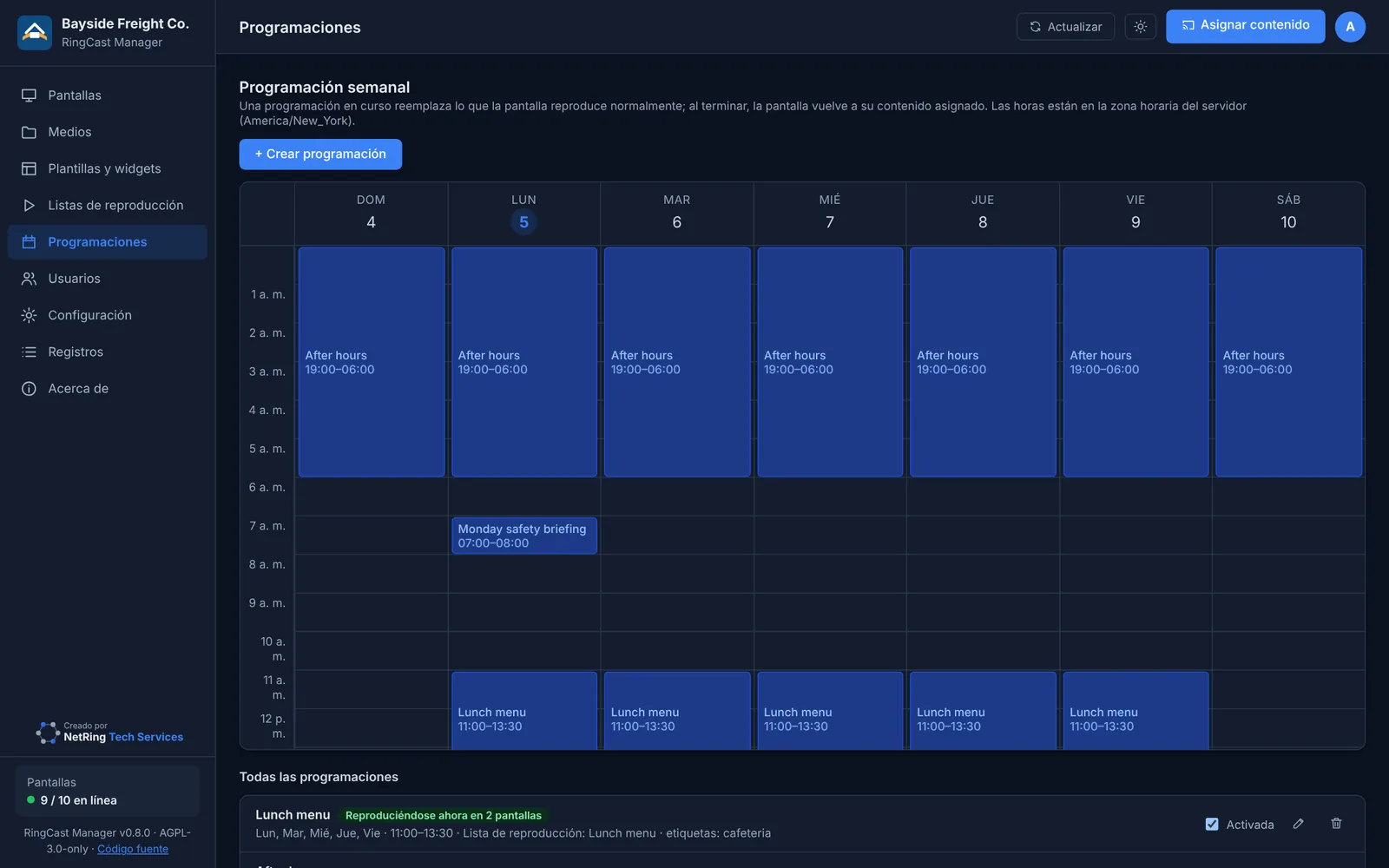 Calendario semanal de programaciones y lista